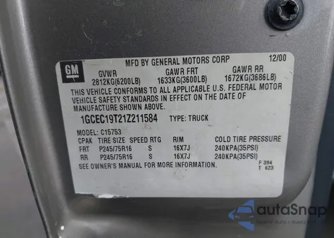 2001 Chevrolet Silverado 1500 Ls z USA, uszkodzony, nr VIN 1GCEC19T21Z211584